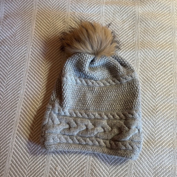 Inverni Firenze 1892 Grey Merino Wool Cashmere‎ Real Fur Pom Beanie Hat Italy